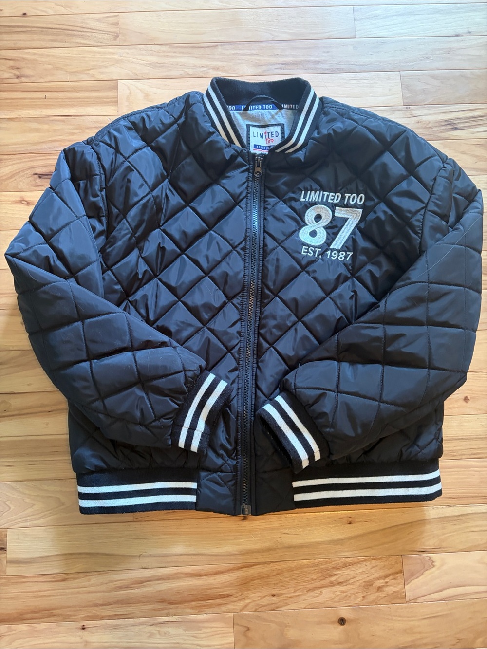 Limited Too Black Quilted Puffer Jacket with 87 Graphic